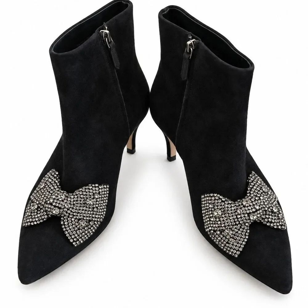 New Tory Burch Crystal Bow Suede Ankle Boots Black Pointed Toe Size 9 $498